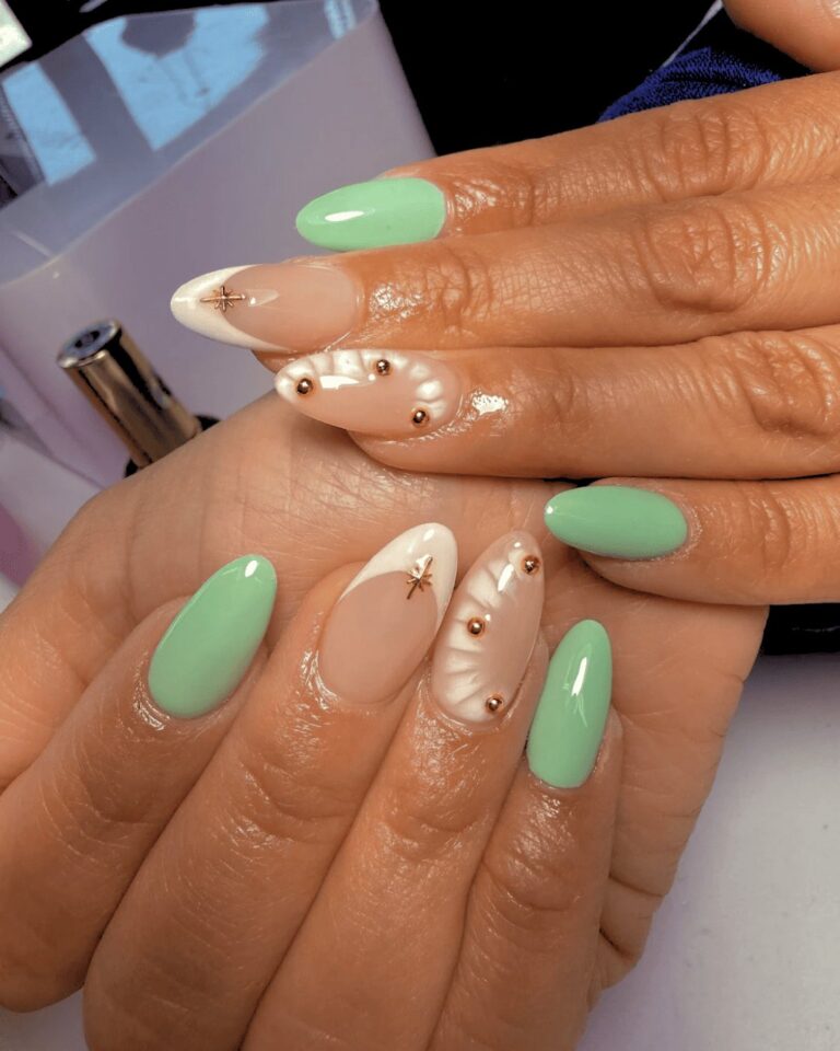 Green marble nail design at Sophie's Nails Salon Edmonton